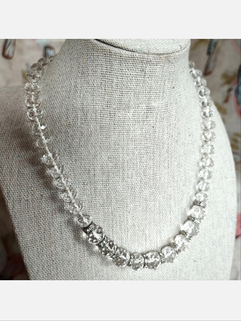 MONET Faceted Vintage Clear Crystal Rondelles Silver Tone Bridal Formal Necklace